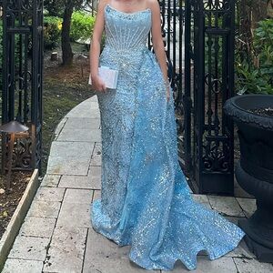 Elegant Blue Strapless Gown Wedding Guest Dress